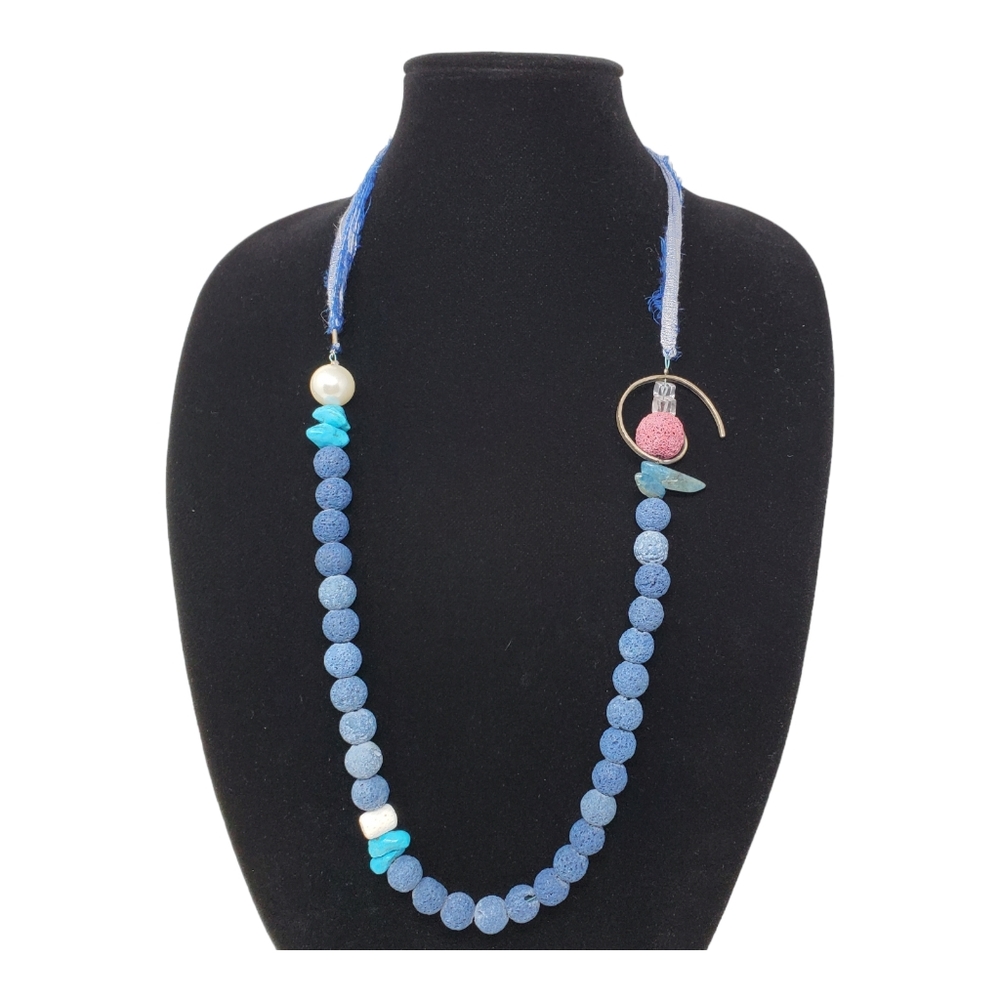 Artisan Necklace Lava Rock Bead & Cloth Blue Boho